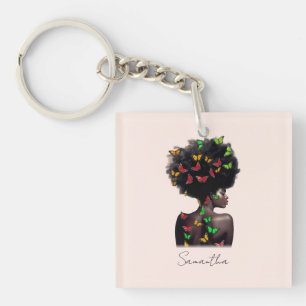 African American Woman with Butterfly-Filled Afro Key Ring