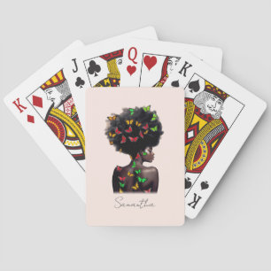 African American Woman with Butterfly-Filled Afro Playing Cards