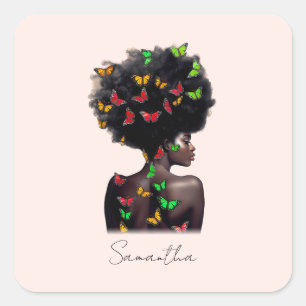 African American Woman with Butterfly-Filled Afro  Square Sticker