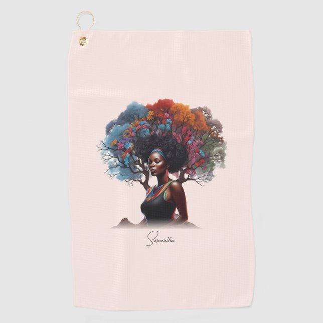 African-American Woman with Colourful Tree-Adorned Golf Towel (Front)