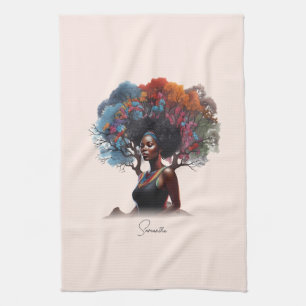 African-American Woman with Colourful Tree-Adorned Tea Towel