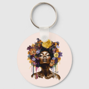African-American Woman with Floral Afro Hair (3) Key Ring