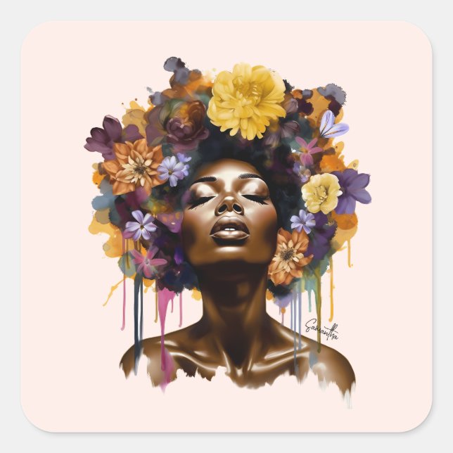 African-American Woman with Floral Afro Hair (3) Square Sticker (Front)