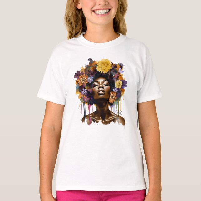 African-American Woman with Floral Afro Hair (3) T-Shirt (Front)