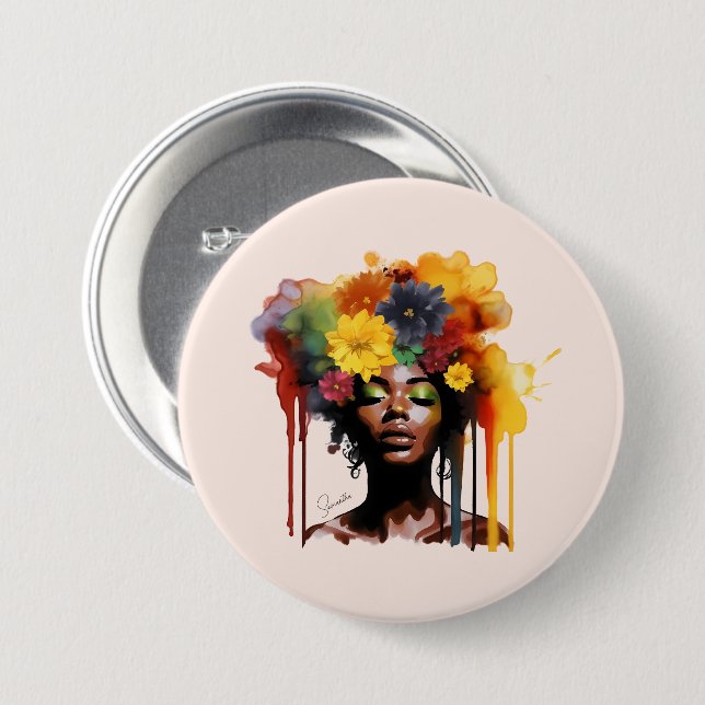 African-American Woman with Floral Afro Hair 7.5 Cm Round Badge (Front & Back)