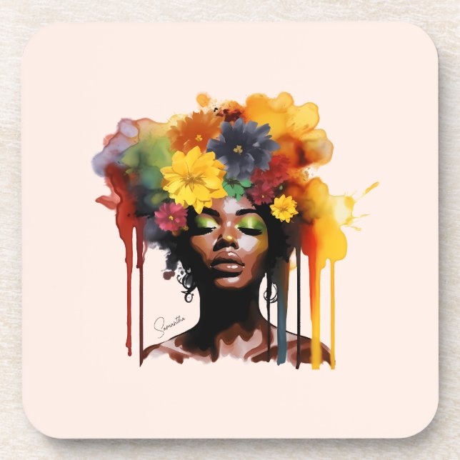 African-American Woman with Floral Afro Hair Coaster (Front)