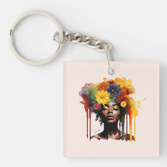 African-American Woman with Floral Afro Hair Key Ring (Front)