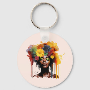 African-American Woman with Floral Afro Hair Key Ring