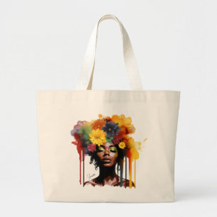 African-American Woman with Floral Afro Hair Large Tote Bag