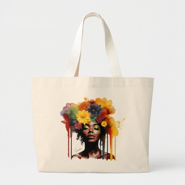 African-American Woman with Floral Afro Hair Large Tote Bag (Front)