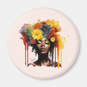African-American Woman with Floral Afro Hair Magnet