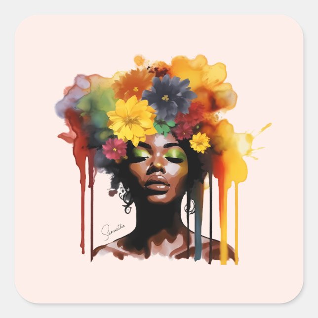 African-American Woman with Floral Afro Hair Square Sticker (Front)