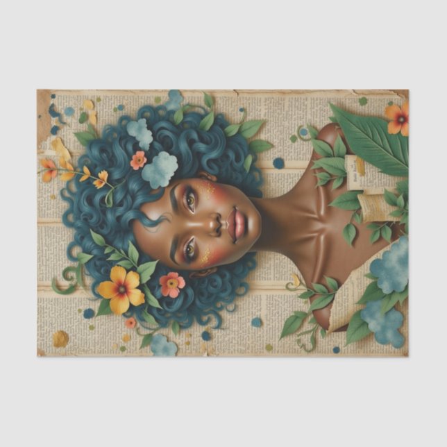 African American Woman with Flowers - Decoupage  Tissue Paper (Front)