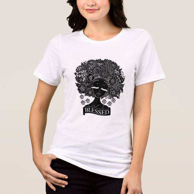 African American Woman with Flowers in Black Tri-Blend Shirt (Front)