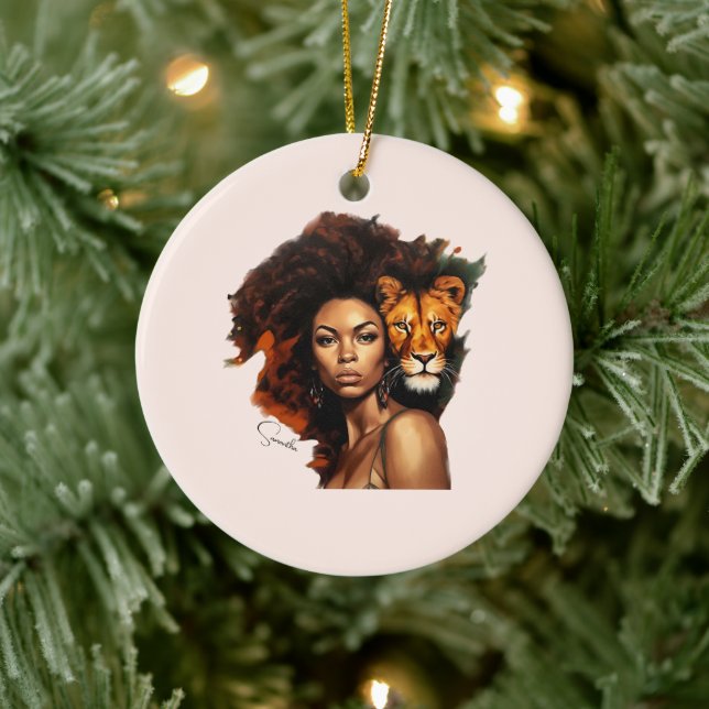 African-American Woman with Majestic Lion Ceramic Tree Decoration (Tree)