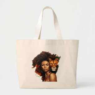 African-American Woman with Majestic Lion Large Tote Bag