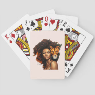 African-American Woman with Majestic Lion Playing Cards