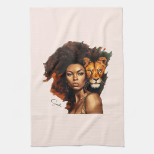 African-American Woman with Majestic Lion Tea Towel