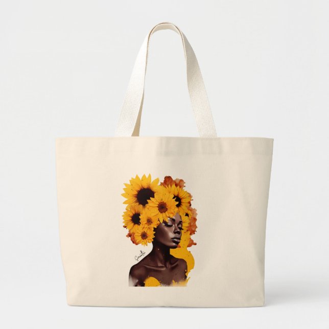 African-American Woman with Sunflower Afro Hair Large Tote Bag (Front)