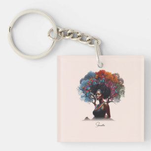African-American Woman with Tree-Adorned Hair Key Ring
