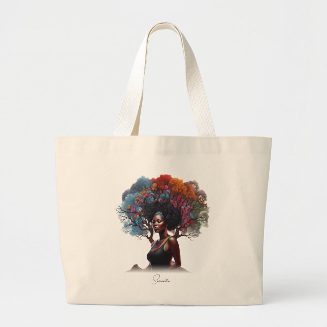African-American Woman with Tree-Adorned Hair Large Tote Bag (Front)