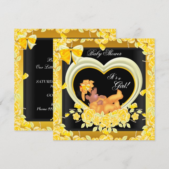 African American Yellow Gold Baby Shower Girl 2 Invitation (Front/Back)