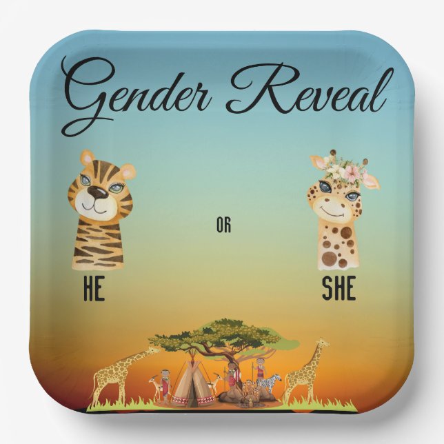 African Animal Gender Reveal Enclosure Card Paper Plate (Front)