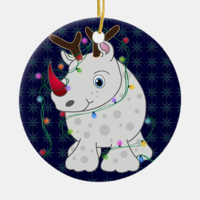African Animals Rhino Christmas Style 1 Ceramic Tree Decoration (Front)