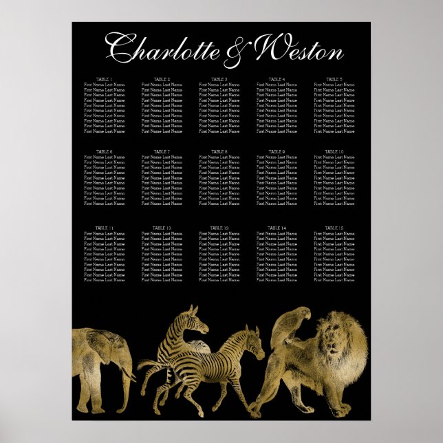 African Animals Zoo Wedding Seating Chart Gold (Front)
