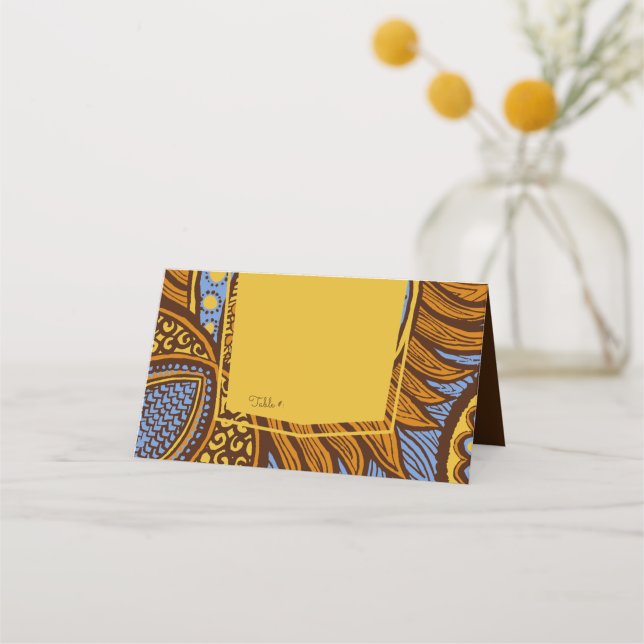 African Ankara Blue & Gold Floral Table Place Card (Front)
