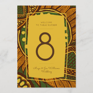 African Ankara Green Gold Floral Table Number