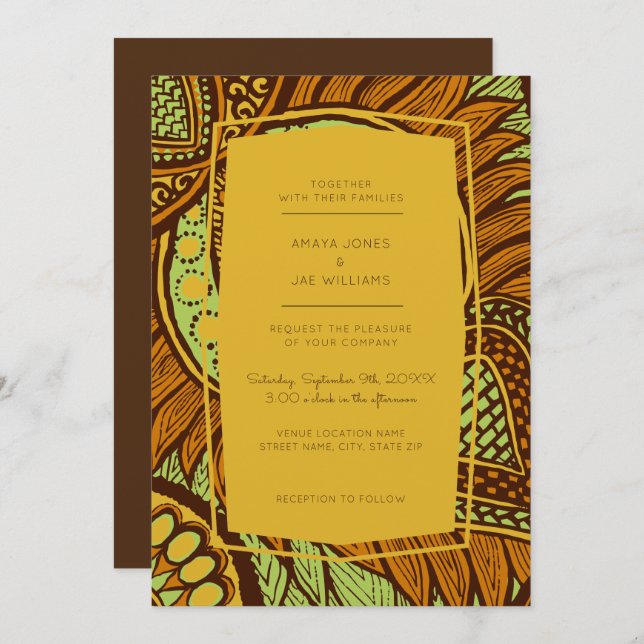 African Ankara Lime Floral Wedding Invitation (Front/Back)