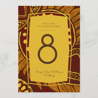 African Ankara Maroon Gold Floral Table Number