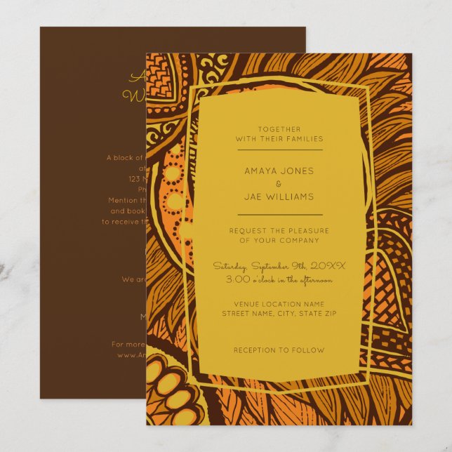 African Ankara Orange Floral Wedding Invitation (Front/Back)