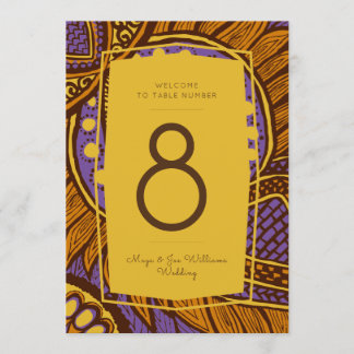 African Ankara Purple Gold Floral Table Number