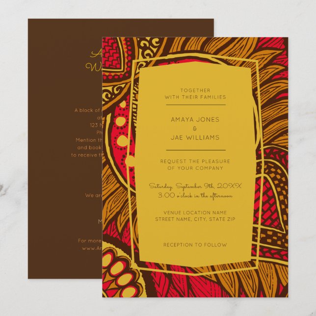 African Ankara Red Floral Wedding Invitation (Front/Back)