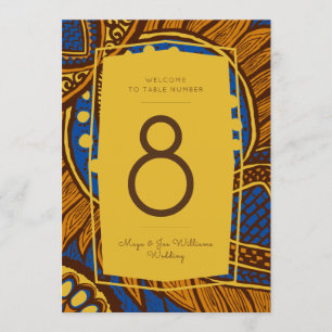 African Ankara Royal Blue Gold Floral Table Number