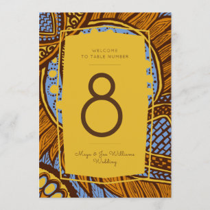 African Ankara Sky Blue Gold Floral Table Number