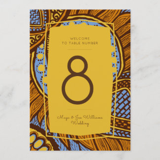 African Ankara Sky Blue Gold Floral Table Number