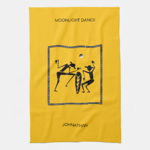 African Art, Cute and Funny Moonlight Dance Tea Towel