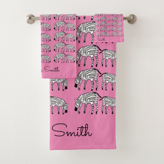  African Art, Happy Kenya Zebras Pattern Bath Towel Set (Insitu)