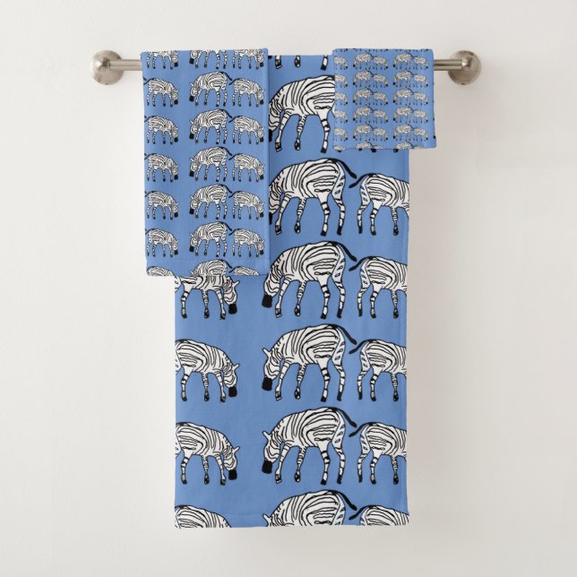 African Art, Kenyan Zebras and Blue Pattern Bath Towel Set (Insitu)