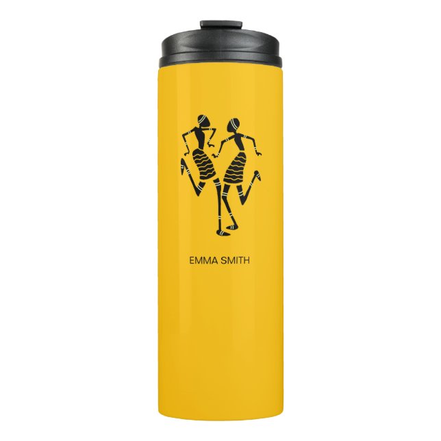 African Art Silhouette Joy Dance Orange Birthday Thermal Tumbler (Front)