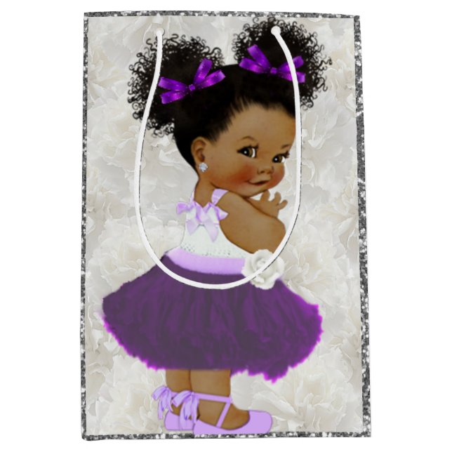 African Baby Girl Purple|Lavender|Silver Glitter Medium Gift Bag (Front)