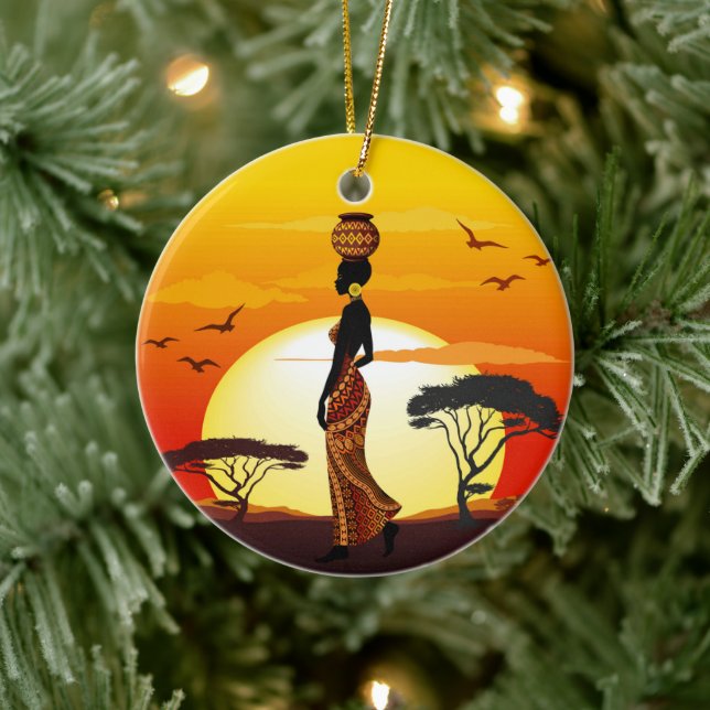 African Beautiful Woman Silhouette on African Suns Ceramic Tree Decoration (Tree)