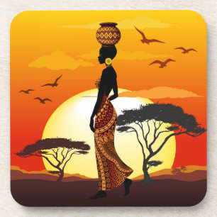 African Beautiful Woman Silhouette on African Suns Coaster
