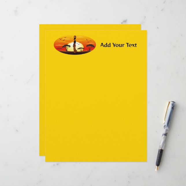 African Beautiful Woman Silhouette on African Suns Custom Letterhead (Front/Back In Situ)