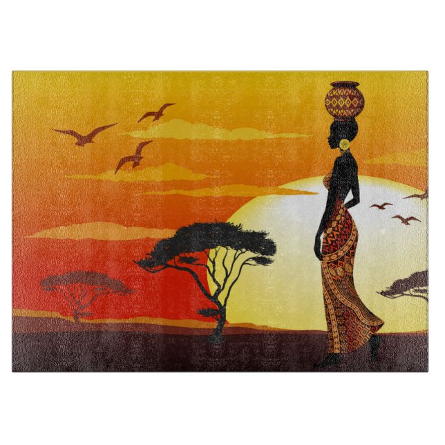 African Beautiful Woman Silhouette on African Suns Cutting Board (Front)