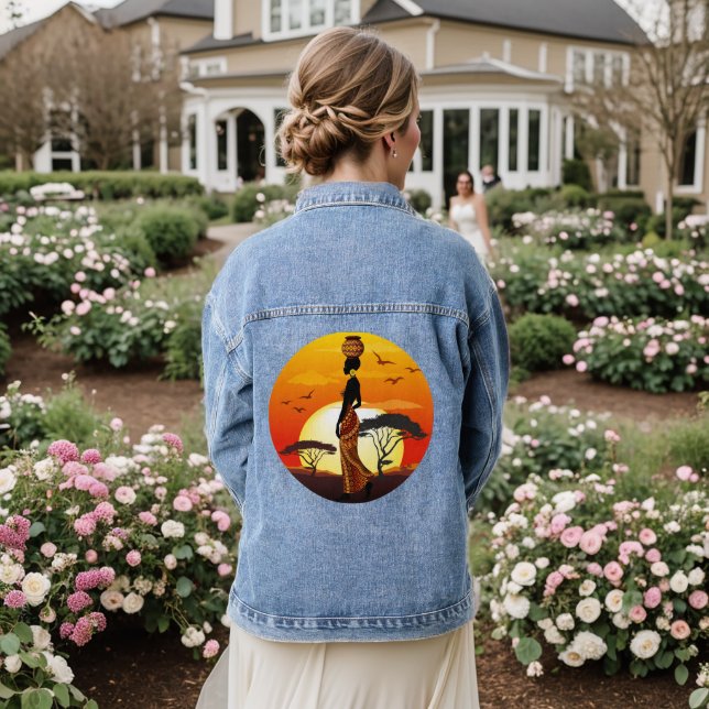 African Beautiful Woman Silhouette on African Suns Denim Jacket (Wedding Back)