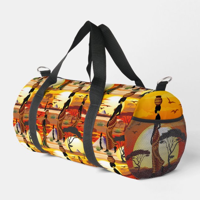 African Beautiful Woman Silhouette on African Suns Duffle Bag (Right Corner)